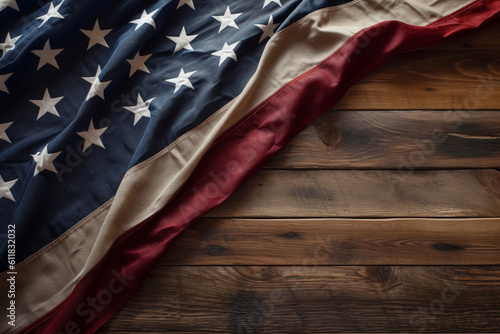 Elevated elegance: The elevated view unveils the beauty of the USA American flag on a wooden surface, creating a backdrop with ample copy space. Generative AI