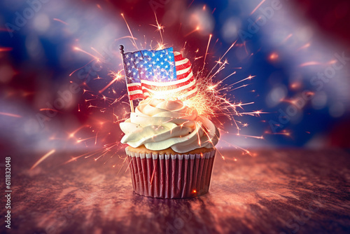Festive fusion: The USA flag backdrop creates a patriotic ambiance as a sparkler dances atop a cupcake. Generative AI