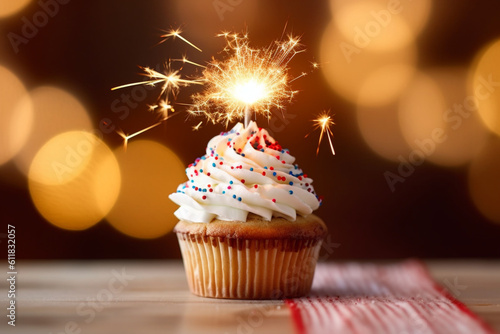 Fireworks of flavor: A cupcake comes alive with a burning sparkler against a mesmerizing defocused USA flag background. Generative AI