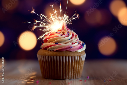 Illuminated sweetness: The glow of a burning sparkler highlights a delectable cupcake amidst a defocused USA flag backdrop. Generative AI