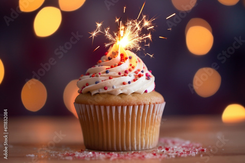 Illuminated sweetness: The glow of a burning sparkler highlights a delectable cupcake amidst a defocused USA flag backdrop. Generative AI