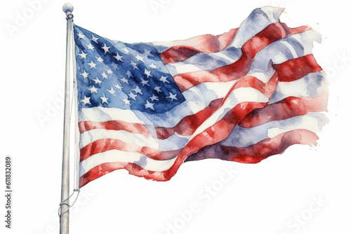Painterly symbolism: The watercolor American flag on a white background captures the essence of patriotism, accompanied by a generous area for your text. Generative AI photo