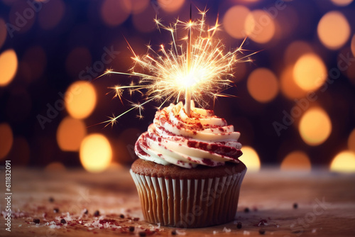Patriotic delight: A burning sparkler adds a touch of celebration to a cupcake against a defocused USA flag background. Generative AI