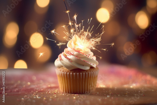 Whimsical celebration: The enchantment of a burning sparkler meets the sweetness of a cupcake against a defocused USA flag backdrop. Generative AI