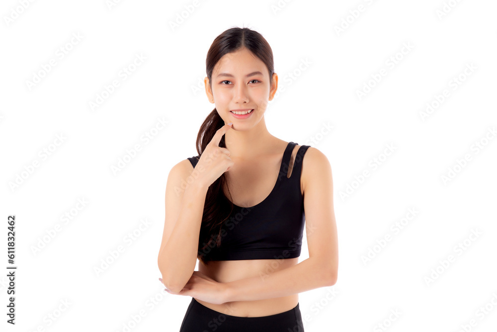 Portrait of beautiful young asian woman in sportwear smile and thinking isolated on white background, sport and exercise for health and weightloss, female and slimming with confident and wellness. Portrait of beautiful young asian woman in sportwear smile and thinking isolated on white background, sport and exercise for health and weightloss, female and slimming with confident and wellness.