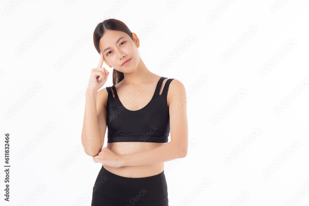 Portrait of beautiful young asian woman in sportwear smile and thinking isolated on white background, sport and exercise for health and weightloss, female and slimming with confident and wellness. Portrait of beautiful young asian woman in sportwear smile and thinking isolated on white background, sport and exercise for health and weightloss, female and slimming with confident and wellness.