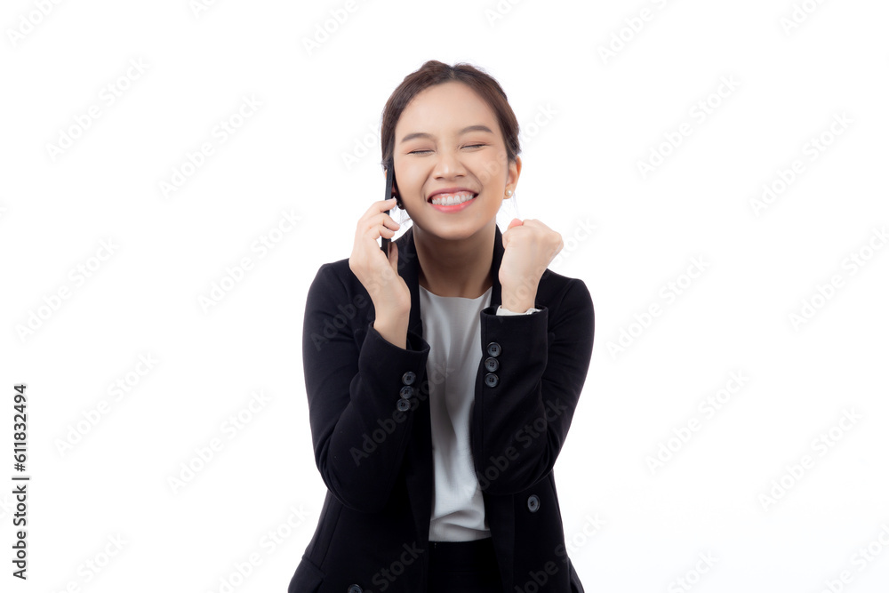 Young asian business woman in suit talking on smart phone isolated on white background, businesswoman speaking on smartphone with conversation, female holding cell phone, communication concept. Young asian business woman in suit talking on smart phone isolated on white background, businesswoman speaking on smartphone with conversation, female holding cell phone, communication concept.