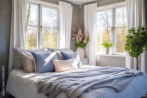 A window facing a patio with plants, a double bed with pillows and cushions, white towels, and an upholstered headboard in gray fabric Generative AI