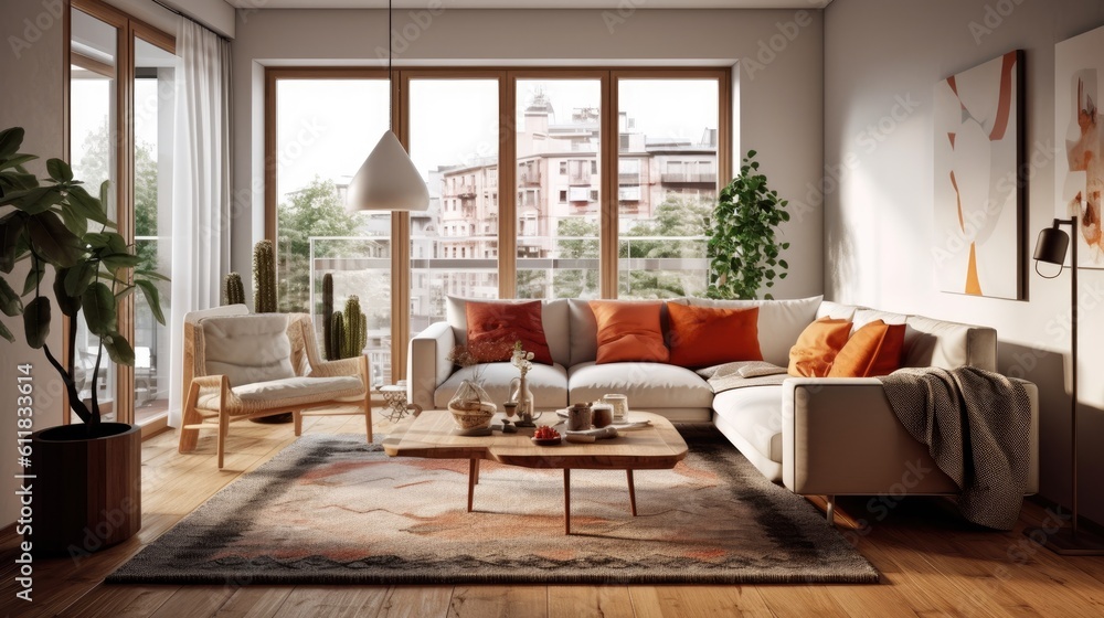 Fototapeta premium Design of a modern, attractive Scandinavian living room Generative AI