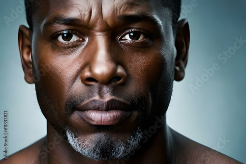 A close-up of handsome black man with a serious expression on his face. (AI-generated fictional illustration) 