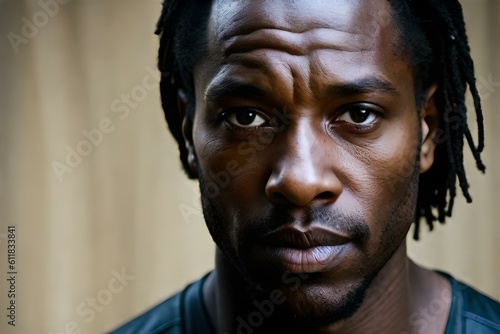 A close-up of handsome black man with a serious expression on his face. (AI-generated fictional illustration) 