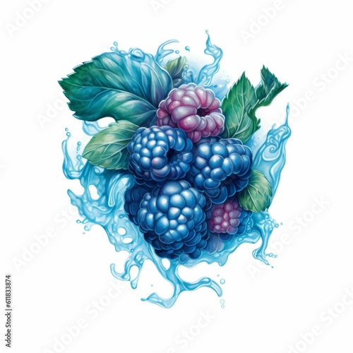 Blue Raspberry Flavor Refreshing Mint Fruit Watercolor-Style Illustration [Generative AI]