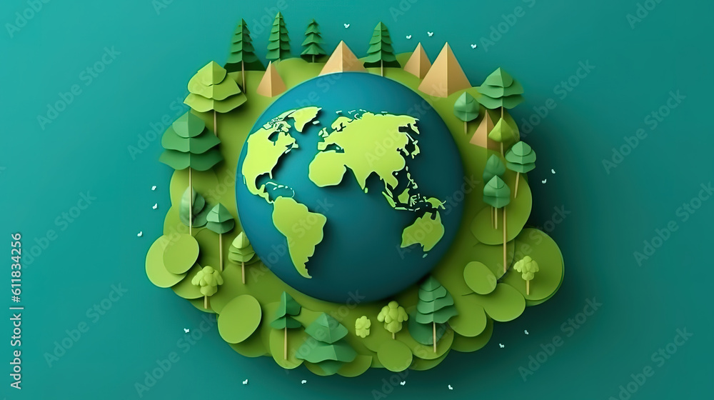 World environment day on green background in paper cut style, Earth day. Generative Ai World environment day on green background in paper cut style, Earth day. Generative Ai