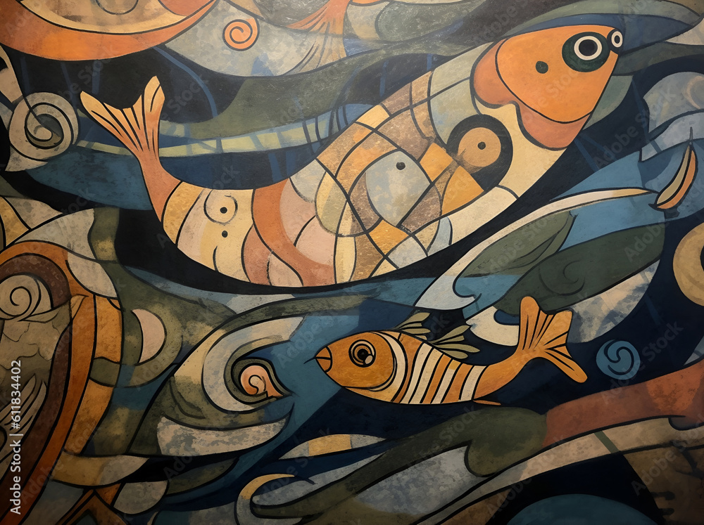Abstract pattern painting featuring fish in the water in the style of dark orange, blues and greens, Generative AI