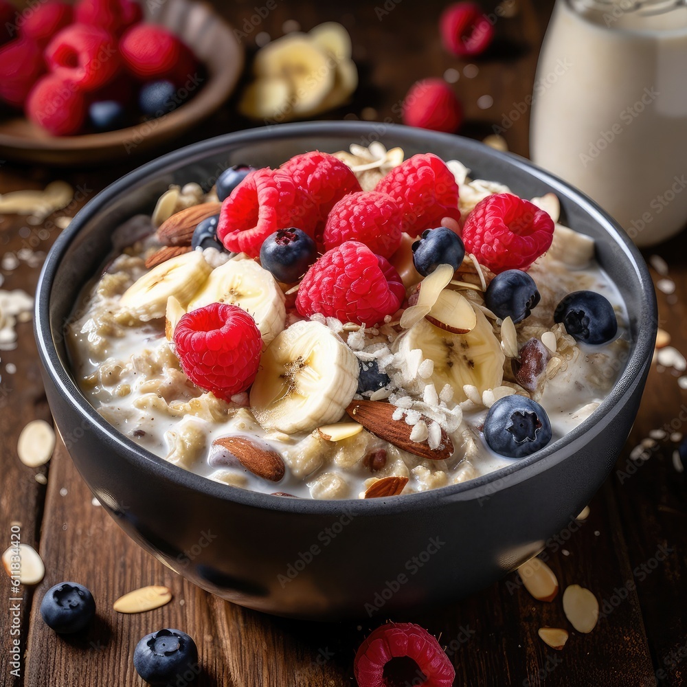 A bowl of cereal with fruits. A bowl of cereal with fruits.