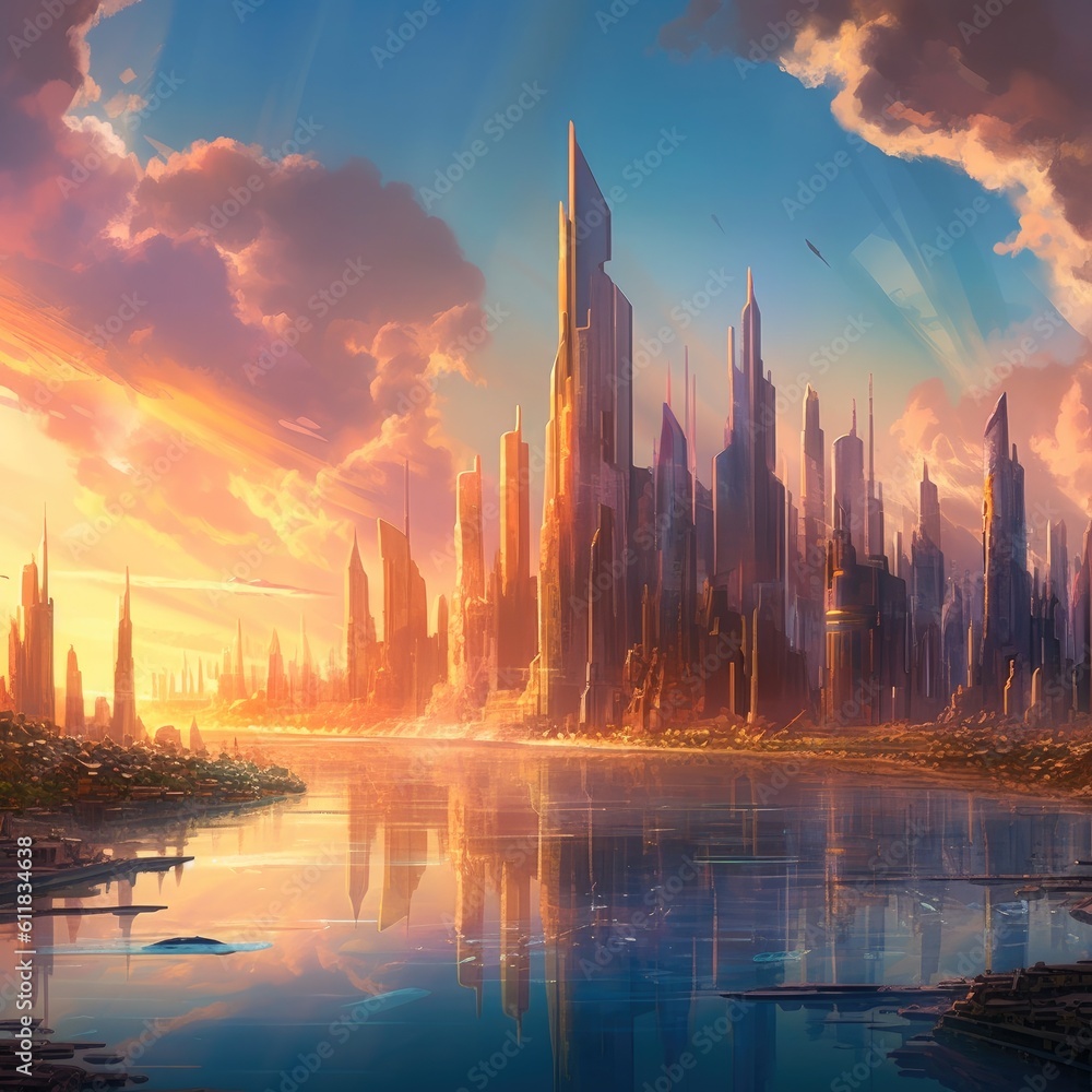 Futuristic cityscape surrounded by lakes at sunset, Fantasy, futuristic, AI generated.