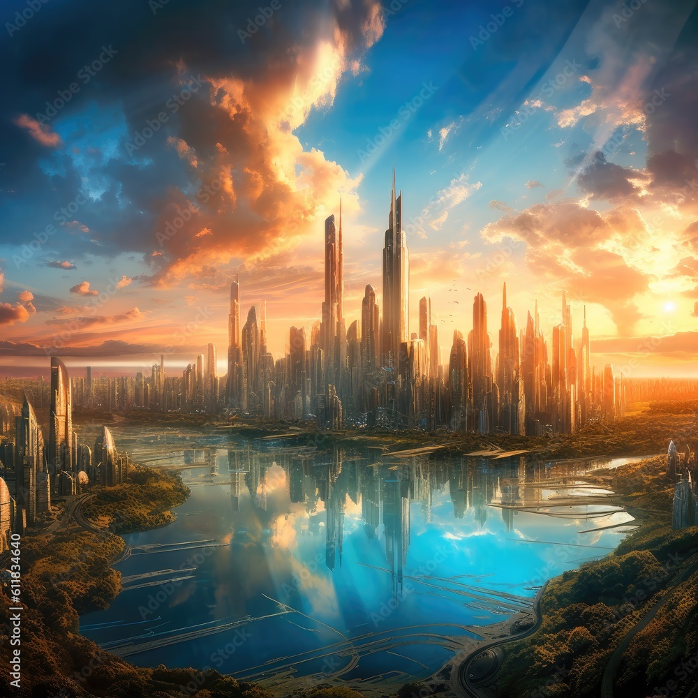 Landscape of a dense futuristic city filled with skyscrapers at sunset, Surrounded by lakes, AI generated.