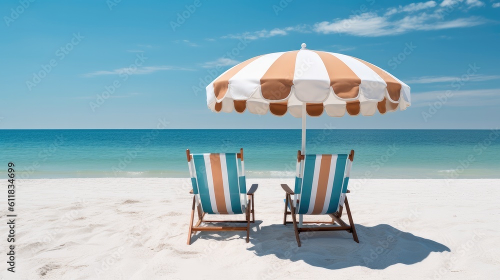 Chairs on Beach,Blue sea and white sand beach with beach chairs and parasol, AI generated.