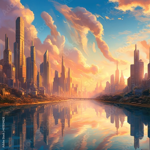 Futuristic cityscape surrounded by lakes at sunset, Fantasy, futuristic, AI generated.