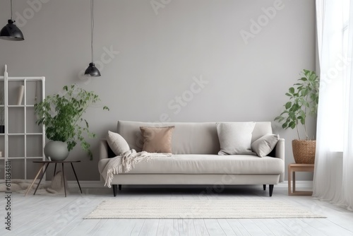 Modern living room with white sofa, Interior living room with sofa and decor, AI generated. © visoot