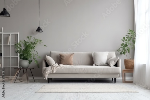 Modern living room with white sofa, Interior living room with sofa and decor, AI generated.