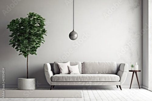 Modern living room interior with sofa and gray wall background, Minimal designs, AI generated.