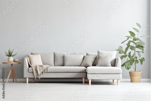 Modern living room with vacant white wall and beige couch, Living room interior , AI generated.