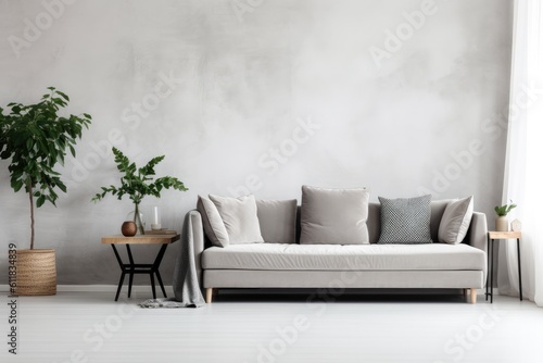 Modern living room with vacant white wall and beige couch, Living room interior , AI generated.