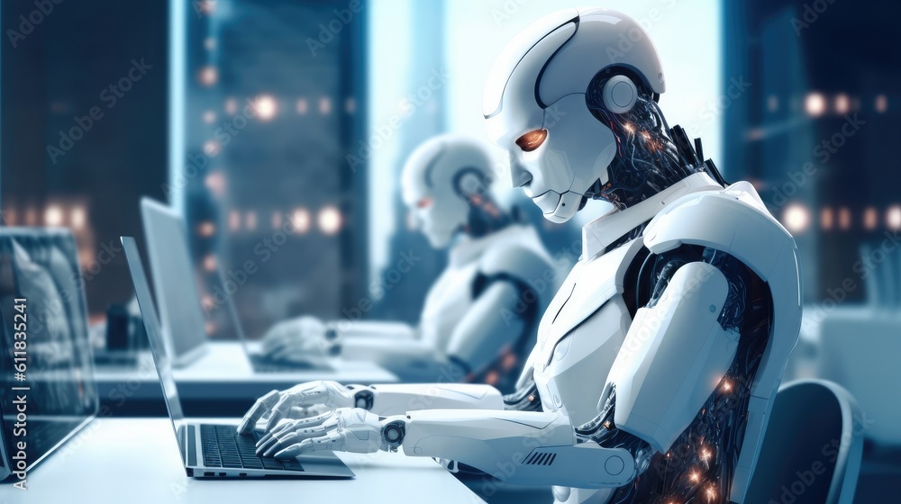 Futuristic robot working on a laptop at a desk, Robot autonomous concept, AI generated. Futuristic robot working on a laptop at a desk, Robot autonomous concept, AI generated.