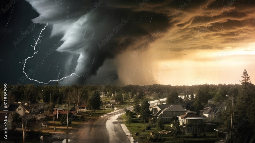 Storm cyclone about to make damage on countryside city, Hills and forests., AI generated.