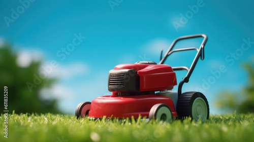 Red lawn mower with green grass and sky., AI generated.