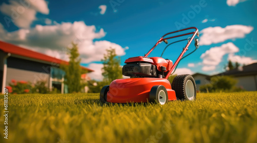 Red lawn mower with green grass and sky., AI generated.