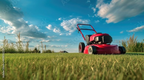 Red modern petrol lawn mower on a bright sunny summers day, AI generated.