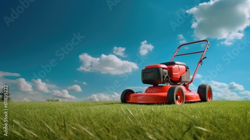 Red lawn mower with green grass and sky., AI generated.