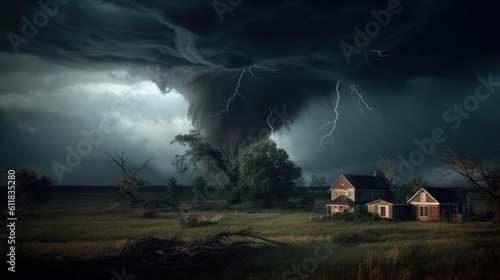 Tornado about to make damage, Windy weather with strong storm and heavy rain above little city, Many damaged houses due twister natural disaster, AI generated.