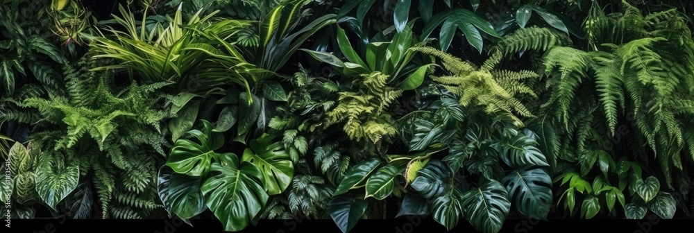 Fototapeta premium Natural green wallpaper and background, Monstera, fern and palm leaves tropical foliage plant bush nature backdrop, AI generated.
