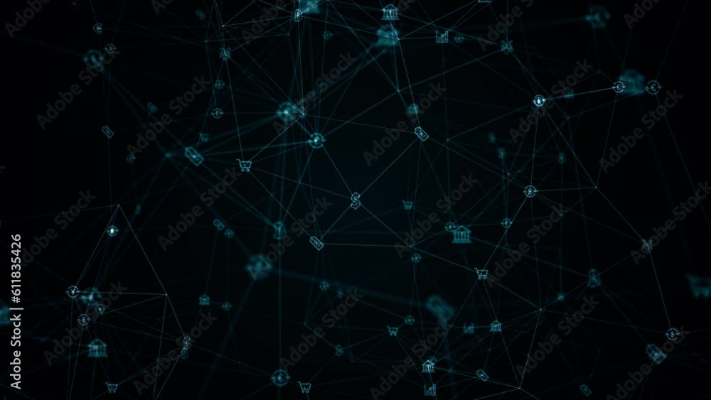 Motion graphic of Blue digital money icons linked on grid mesh and line connection rotation on futuristic abstract background technology financial and cryptocurrency concept seamless loop video Motion graphic of Blue digital money icons linked on grid mesh and line connection rotation on futuristic abstract background technology financial and cryptocurrency concept seamless loop video
