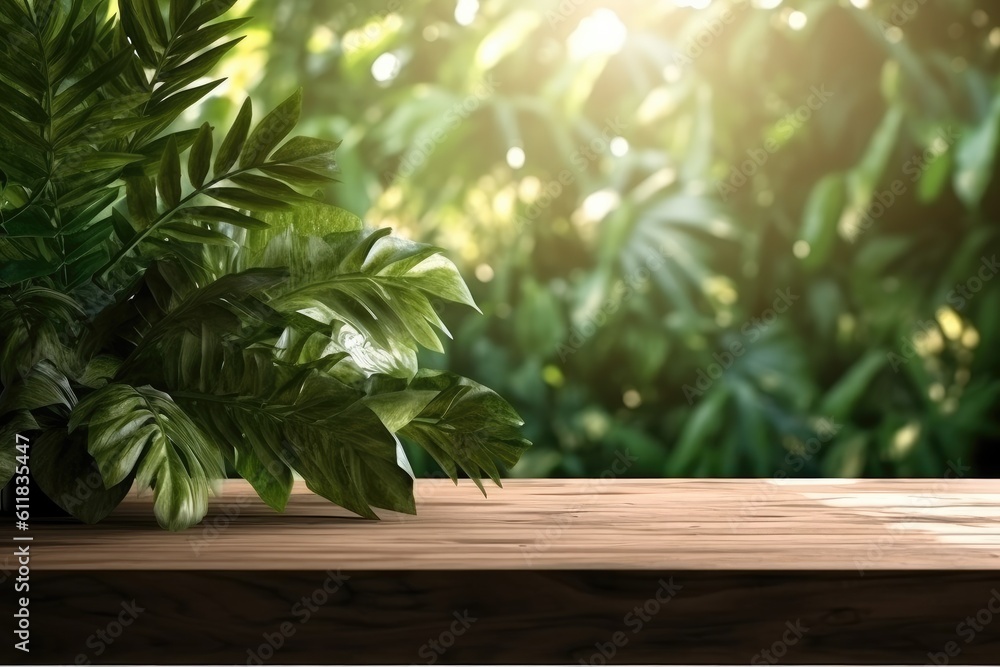 Wooden floor top with branch of green leaves on the nature blurred background with bokeh lights, AI generated. Wooden floor top with branch of green leaves on the nature blurred background with bokeh lights, AI generated.