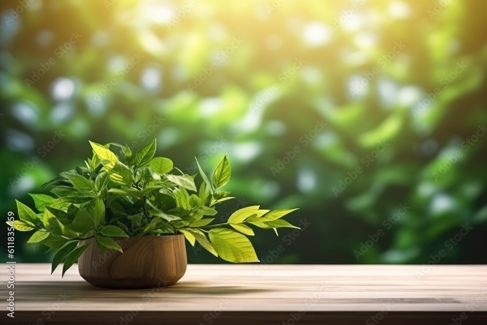 Wooden floor top with branch of green leaves on the nature blurred background with bokeh lights, AI generated. Wooden floor top with branch of green leaves on the nature blurred background with bokeh lights, AI generated.