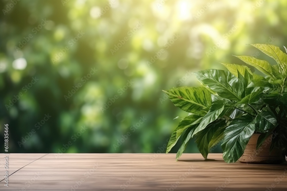 Brown natural wood floor with blurred green background, Morning light theme, eco friendly concept, AI generated. Brown natural wood floor with blurred green background, Morning light theme, eco friendly concept, AI generated.