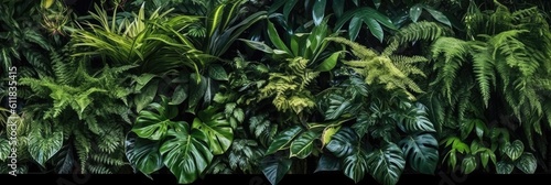 Natural green wallpaper and background  Monstera  fern and palm leaves tropical foliage plant bush nature backdrop  AI generated.