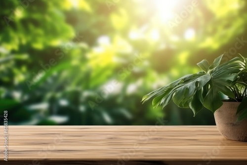 Wooden floor top with branch of green leaves on the nature blurred background with bokeh lights  AI generated.