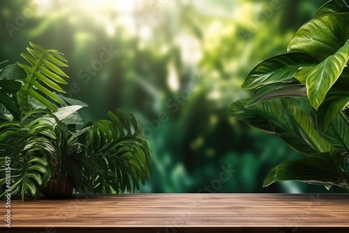 Product display concept of wooden floor at blur trees in park bokeh background in summer  AI generated.