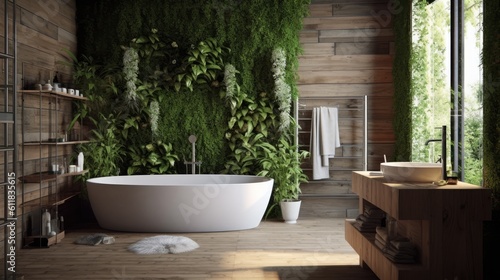 A green shrubbery may be seen through the thin windows in the eco bathroom area. A white tub and sink are situated close to a wooden wall. a mockup Generative AI