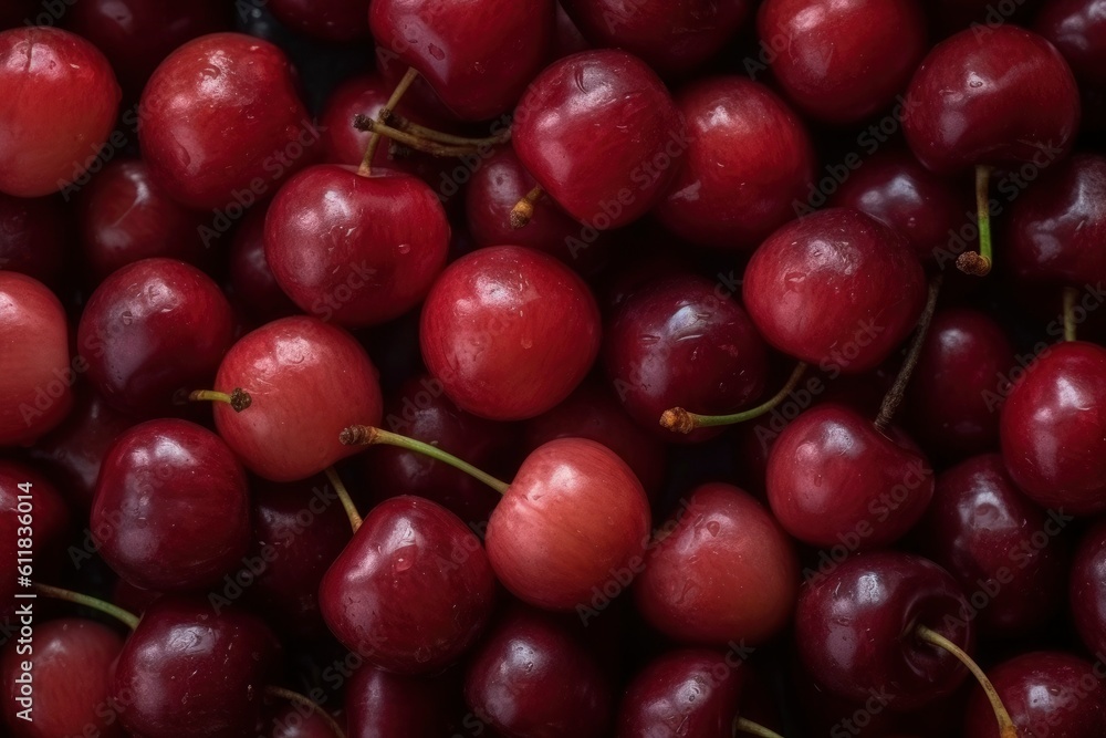 Texture of cherry. Close up of raw organic berry fruits. Sweet and fresh background. Generative AI Texture of cherry. Close up of raw organic berry fruits. Sweet and fresh background. Generative AI