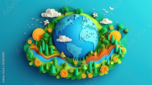 Earth day  planets in a background of space  trees and homes  vector  cartoon style. Generative Ai