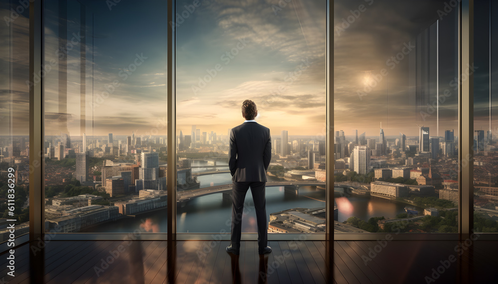 business man standing in the office watching the modern city view. Business ambition concept. Generative AI