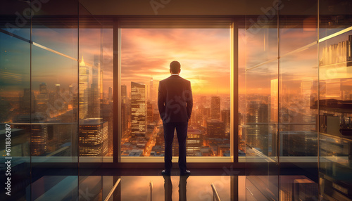 business man standing in the office watching the modern city view. Business ambition concept. Generative AI