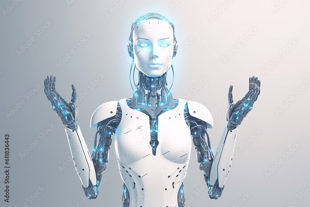 Humanoid robot raise hand palm for hold something and working on digital touch screen, industry 4.0, M2M computer aided manufacturing, futuristic and artificial intelligence, Generative AI Humanoid robot raise hand palm for hold something and working on digital touch screen, industry 4.0, M2M computer aided manufacturing, futuristic and artificial intelligence, Generative AI