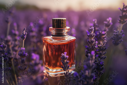 Bottle of lavender argan essential oil is in lavender field  Generative AI